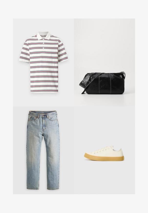 Casaco puffer preto feito de material brilhante, com um colarinho alto, dois bolsos frontais com fecho de pressão e um design acolchoado.; Polo de mangas curtas em branco com riscas horizontais em azul marinho, vermelho e verde. Apresenta um colarinho clássico e uma pala com três botões.; Jeans de ganga azul claro com cintura alta, fecho frontal, zipper e design de cinco bolsos, dispostos de forma plana sobre um fundo neutro.; Sapatilhas de tela em off-white com biqueira redonda, apresentando solas de borracha bege e cinco ilhós para atacadores, acabamento texturizado na parte superior.; Bolsa de ombro em couro preto com fecho em zíper, apresentando um corpo texturizado, costura branca e uma alça com ilhós prateados.