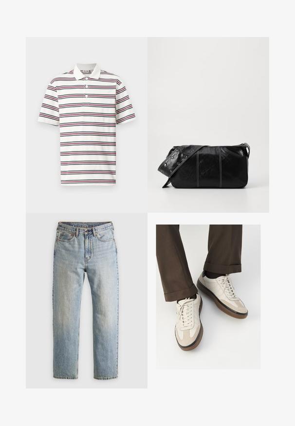 Czarna puchowa kurtka wykonana z błyszczącego materiału, z wysokim kołnierzem, dwiema przednimi kieszeniami zapinanymi na napy oraz pikowanym fasonem.; Koszulka polo z krótkim rękawem w kolorze białym, w poziome paski w kolorze granatowym, czerwonym i zielonym. Posiada klasyczny kołnierzyk oraz zapięcie na trzy guziki.; Jasnoniebieskie dżinsy z wysokim stanem, z guzikiem z przodu, zamkiem błyskawicznym i pięcioma kieszeniami, ułożone na płasko na neutralnym tle.; Beżowe sneakersy z teksturowanym zamszowym przodem, gładkimi skórzanymi bokami i brązową gumową podeszwą. Zawierają sznurówki oraz subtelne detale w dwóch kolorach.; Czarna skórzana torba na ramię z zamkiem błyskawicznym, charakteryzująca się teksturowanym korpusem, białymi przeszyciami oraz paskiem z srebrnymi osłonkami.