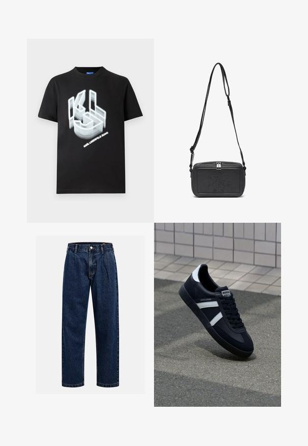 Černá peřová bunda vyrobená z lesklého materiálu, s vysokým límcem, dvěma předními kapsami na patentky a polstrovaným designem.; Černé bavlněné tričko s grafickým logem v bílé barvě, s iluzí hloubky, a textem „KARL LAGERFELD JEANS“ pod logem.; Tmavě modré džíny s rovnými nohavicemi. Mají viditelné švy, zapínání na knoflík a přední záhyby pro zvýraznění detailu.; Černé kožené tenisky s bílými pruhy, texturovanou gumovou podrážkou a šněrováním vpředu. Obsahují značenou etiketu na jazyku.; Černá kožená taška přes rameno s uzávěrem na zip, vyraženým logem na přední straně a nastavitelným popruhem. Hladký povrch s obdélníkovým tvarem.