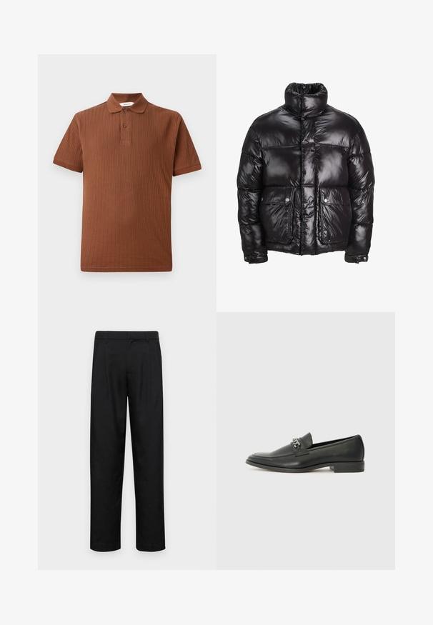 Melnā pūkainā jaka, kas izgatavota no spīdīga materiāla, ar augstu apkakli, divām priekšējām kabatām ar pogājamām aizdarem un pildītā dizainā.; Brūns ribota polo krekls ar klasisku apkakli, divu pogu slēgšanu un īsām piedurknēm. Izgatavots no mīkstas auduma ar teksturētu apdari.; Melnas bikses, izgatavotas no gludas auduma, ar taisnu kāju dizainu, divām priekšējām krokām un standarta jostu, kurai ir āķi.; Melna ādas loafer izmēra apavi ar gludu virsmu, piedāvā ar šūtu dizainu un dekoratīvu metāla ķēdes akcentu pār vampu. Plakana papēža daļa.