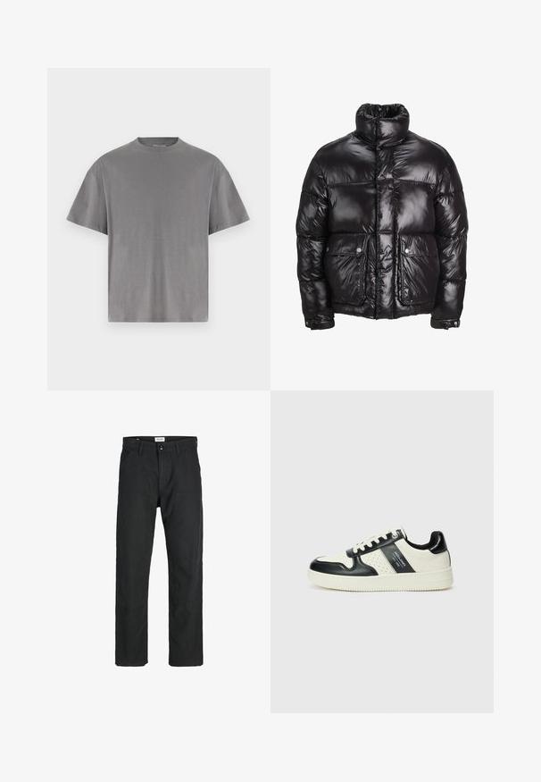 Zwarte pufferjack gemaakt van glanzend materiaal, met een hoge kraag, twee voorzakken met drukknoopsluitingen en een gewatteerd ontwerp.; Grijze katoenen t-shirt met een ronde hals, korte mouwen en een losse pasvorm. Glad textuur, geen zichtbare patronen of accenten.; Zwarte broeken gemaakt van duurzame stof, met een recht gesneden ontwerp, gestikte accenten en twee voorzakken voor functionaliteit.; Leren sneakers met een zwart en crèmekleurig kleurenschema, voorzien van geperforeerde accenten, een gevoerde kraag en een gestructureerde buitenzool.