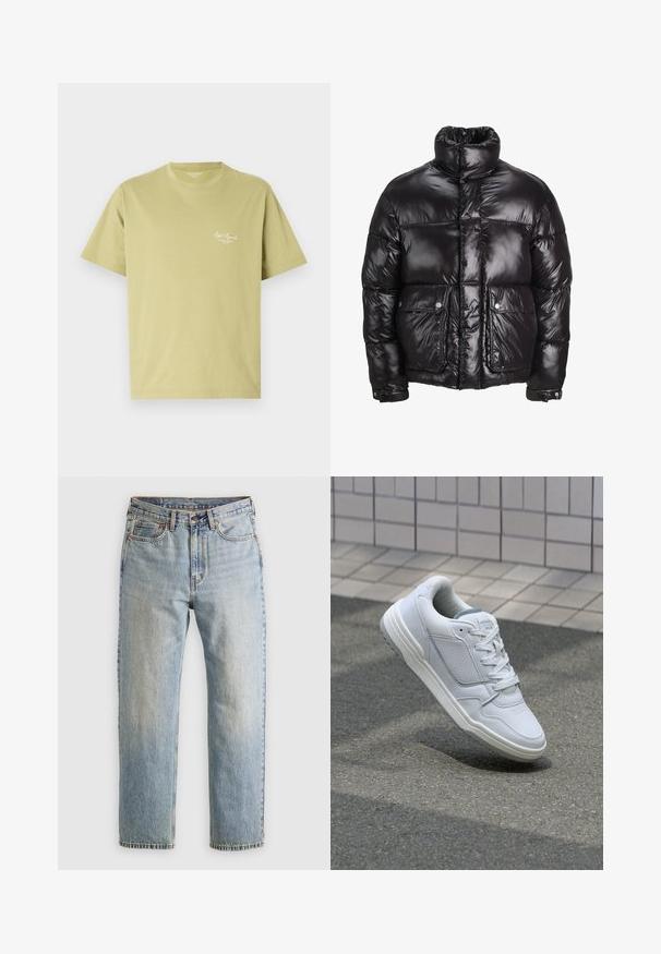 Sort pufferjakke lavet af skinnende materiale, med højt krave, to forlommer med tryklåse og polstret design.; Lys grøn bomulds t-shirt med korte ærmer, rund halsudskæring og en lille hvid logo tekst på venstre brystområde.; Lysblå denim jeans med høj talje, frontknap, lynlås og fem-lomme design, lagt fladt på en neutral baggrund.; Hvide lædersneakers med perforerede sider, teksturerede detaljer, flade snørebånd og en kontrasterende grå hæl. Har en let forhøjet sål.