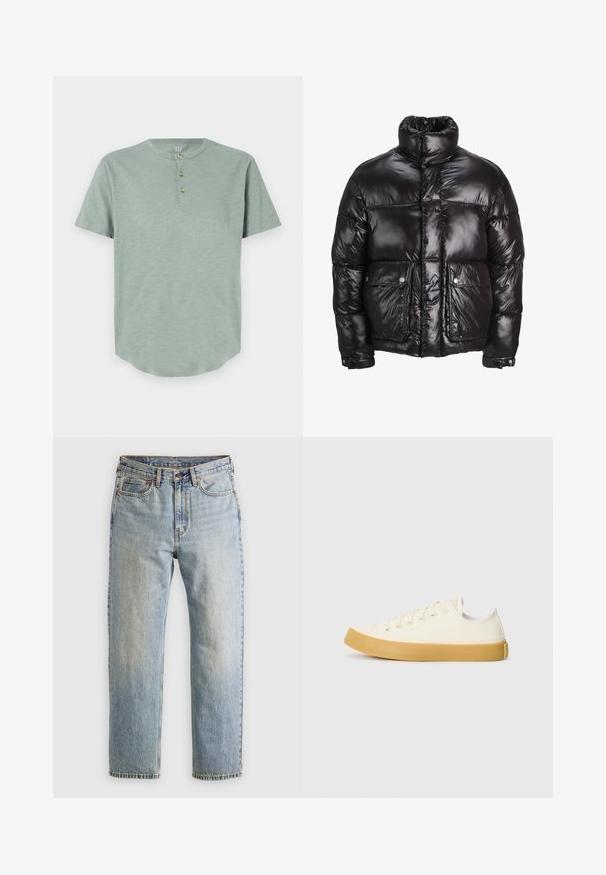 Melnā pūkainā jaka, kas izgatavota no spīdīga materiāla, ar augstu apkakli, divām priekšējām kabatām ar pogājamām aizdarem un pildītā dizainā.; Minti zaļa īsām piedurknēm henley krekls, kas izgatavots no mīkstas auduma, ar apaļu kakla izgriezumu un trīs pogu atvērumu, kā arī noapaļotu apakšmalu.; Gai zila denima bikses ar augstu jostasvietu, priekšējo pogu, rāvējslēdzēju un piecu kabatu dizainu, izlīdzinātas uz neitrāla fona.; Kanvasas tenisa apavi ofē un balta krāsā ar apaļu purngali, ar beicu gumijas zole un piecām acīm šņorēšanai, teksturēta virsma augšdaļā.