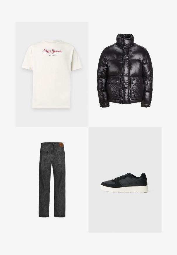 Fekete puffermellény fényes anyagból, magas gallérral, két elülső zsebbel, patentos záródással és párnázott kialakítással.; Fehér pamut rövid ujjú póló. A piros betűs logó "Pepe Jeans" feliratot tartalmaz, fölötte pedig fekete színnel a "LONDON" felirat olvasható. Egyszerű, hétköznapi dizájn.; Fekete farmernadrág, egyenes szárú dizájnnal, öt zsebes stílussal, és barna bőr folttal a deréknál. Texturált anyag, varrási részletekkel.; Fekete alacsony szárú sportcipő textúrált bőr és velúr panelekből, fehér gumitalppal és fekete fűzőkkel, egyszínű világos háttér előtt.