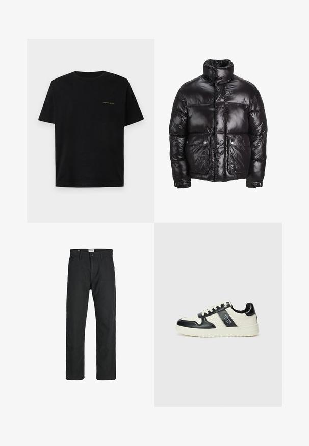 Mustmust särk, mis on valmistatud läikivast materjalist, kõrge kaelusega, kahte esist taskut nupuga sulgemisega ja pehmendatud disainiga.; Must must t-särk, lühikesed varrukad, ümmargune kaelus, millel on vasakul rinnal väikese rohelise tekstiga, sile tekstuur.; Mustad mustad, mis on valmistatud vastupidavast kangast, sirge jala disainiga, õmmeldud detailidega ja kahe eesmise taskuga funktsionaalsuse jaoks.; Nahatud nahkkingad musta ja kreemi värviskeemiga, millel on perforeeritud aktsendid, pehme krae ja tekstureeritud tallad.