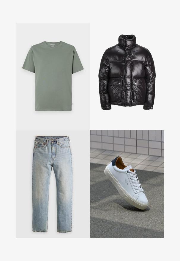 Sort pufferjakke lavet af skinnende materiale, med højt krave, to forlommer med tryklåse og polstret design.; Kortærmet T-shirt i lys grøn, lavet af blødt stof, med rund hals og syet kant, uden synlige mønstre eller designs.; Lysblå denim jeans med høj talje, frontknap, lynlås og fem-lomme design, lagt fladt på en neutral baggrund.; Hvide lædersneakers med en marineblå hæl, rund tå og kontrasterende brune detaljer. Har flade snørebånd og en tekstureret gummisål.