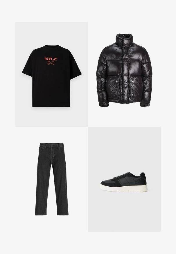 Svart puffjacka i glansigt material, med hög krage, två framfickor med tryckknappar och en vadderad design.; Svart bomullströja med kort ärm, rund hals, med en röd "REPLAY"-logotyp och symboler centrerade på bröstet.; Svarta denimjeans med rak passform, featuring dragkedja, bälteslöljer och sex fickor, tillverkade av en kraftig bomullsblandning.; Svart lågtopp sneakers med texturerat läder och mocka paneler, vit gummisula och svarta snören på en enkel ljus bakgrund.