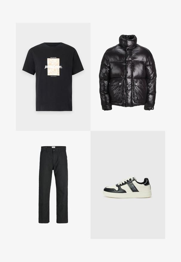 Černá peřová bunda vyrobená z lesklého materiálu, s vysokým límcem, dvěma předními kapsami na patentky a polstrovaným designem.; Černé bavlněné tričko s kulatým výstřihem. Na přední straně se nachází béžová obdélníková grafika a bílý text "JAWO" vycentrovaný uprostřed. Krátké rukávy.; Černé kalhoty vyrobené z odolné tkaniny, s rovnými nohavicemi, šitými akcenty a dvěma předními kapsami pro praktičnost.; Kožené tenisky s černobílou barevnou kombinací, které mají perforované detaily, polstrovaný límec a texturovanou podrážku.