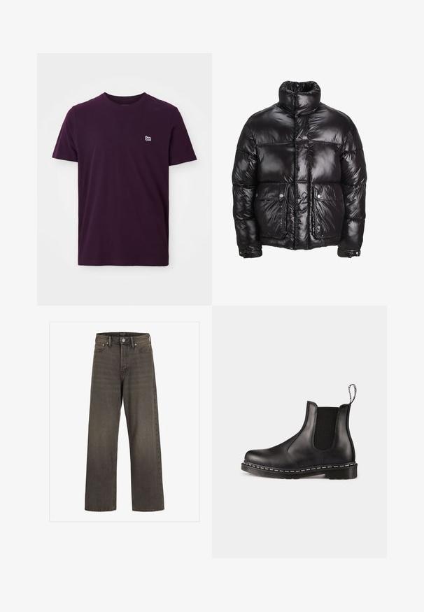 Czarna puchowa kurtka wykonana z błyszczącego materiału, z wysokim kołnierzem, dwiema przednimi kieszeniami zapinanymi na napy oraz pikowanym fasonem.; Ciemnofioletowa bawełniana koszulka z krótkim rękawem, okrągłym dekoltem i małym białym logo na lewej piersi. Miękka, gładka faktura.; Szerokie dżinsy w ciemnoszarym denimu, z wysokim stanem, klasycznym pięciopocketowym wzorem i kontrastowym przeszyciem wzdłuż szwów.; Czarne skórzane botki Chelsea z elastycznymi panelami bocznymi, okrągłym noskiem, pętelką do zakładania, białym przeszyciem na podeszwie i teksturowaną gumową podeszwą.