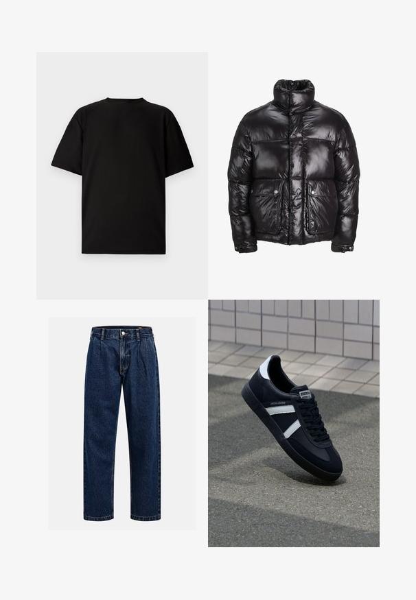 Crna puffer jakna od sjajnog materijala, s visokim ovratnikom, dva prednja džepa sa kopčama na dugmad i podstavljenim dizajnom.; Crni kratki rukav T-shirt izrađen od rebrastog materijala. Ima okruglu izrezanu vratnicu i opušten kroj s glatkom teksturom. Samo stražnji pogled.; Tamno plave traperice s ravnim krojem. Imaju vidljivo šivanje, kopčanje na dugme i prednje nabore za dodatne detalje.; Crne kožne tenisice s bijelim prugama, strukturirana gumena potplate i vezanjem sprijeda. Ima oznaku brenda na jeziku.