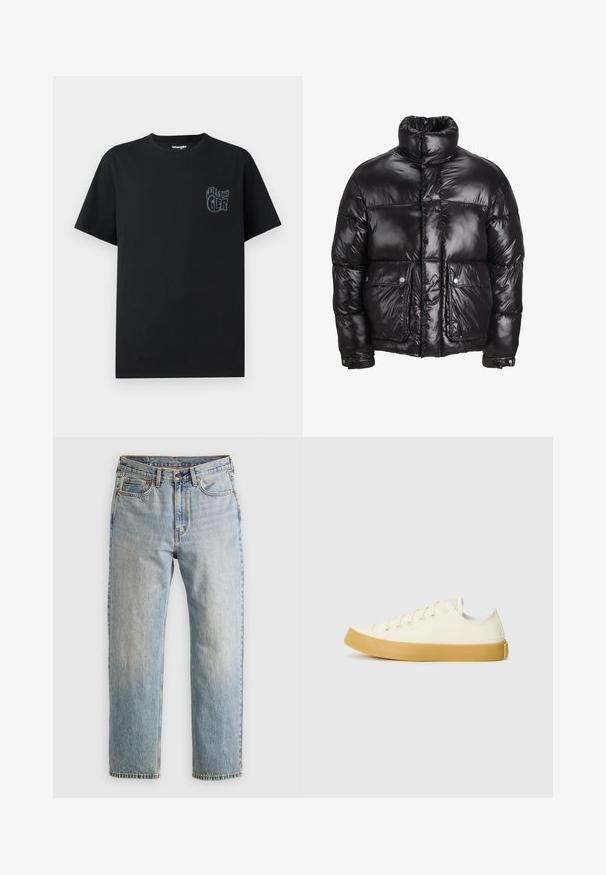 Juodas pūkinis švarkas, pagamintas iš blizgaus medžiagos, su aukštu apykakle, dviem priekiniais kišenėmis su snapeliais ir paminkštinta struktūra.; Juoda medvilninė marškinėlių su mėlynu grafiniu logotipu kairėje krūtinėje. Trumpomis rankovėmis ir klasikiniu apvaliu kaklu. Paprastas ir nepuoštas dizainas.; Šviesiai mėlynos džinsinės kelnės su aukštu liemeniu, priekyje mygtukas, užtrauktukas ir penkių kišenių dizainas, išklotos ant neutralios fono.; Oficio drobės sneakeriai baltai kreminės spalvos, su apvaliu galiuku, su smėlio spalvos guminiais padais ir penkiomis skylėmis raištams, turintys tekstūruotą viršutinę dalį.
