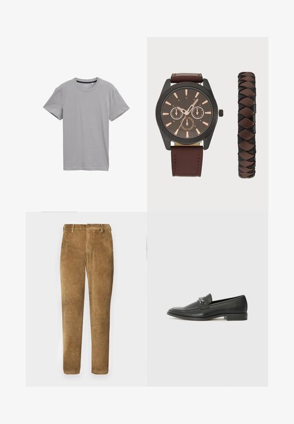 Crna puffer jakna od sjajnog materijala, s visokim ovratnikom, dva prednja džepa sa kopčama na dugmad i podstavljenim dizajnom.; Siva majica kratkih rukava od mekanog materijala, s klasičnim okruglim izrezom i ravnim rubom bez uzoraka ili ukrasa.; Smeđe kadife hlače s vertikalnom rebrastom teksturom, ravnog kroja, zatvaranjem na dugme i petljama za remen. Glatka tkanina s mekanim završetkom.; Crna kožna loafer cipela s glatkom finišem, s ušivenim uzorkom i dekorativnim metalnim lancem preko prednjeg dijela. Ravni potplat.; Pier One SET - Ručni sat - black/brown