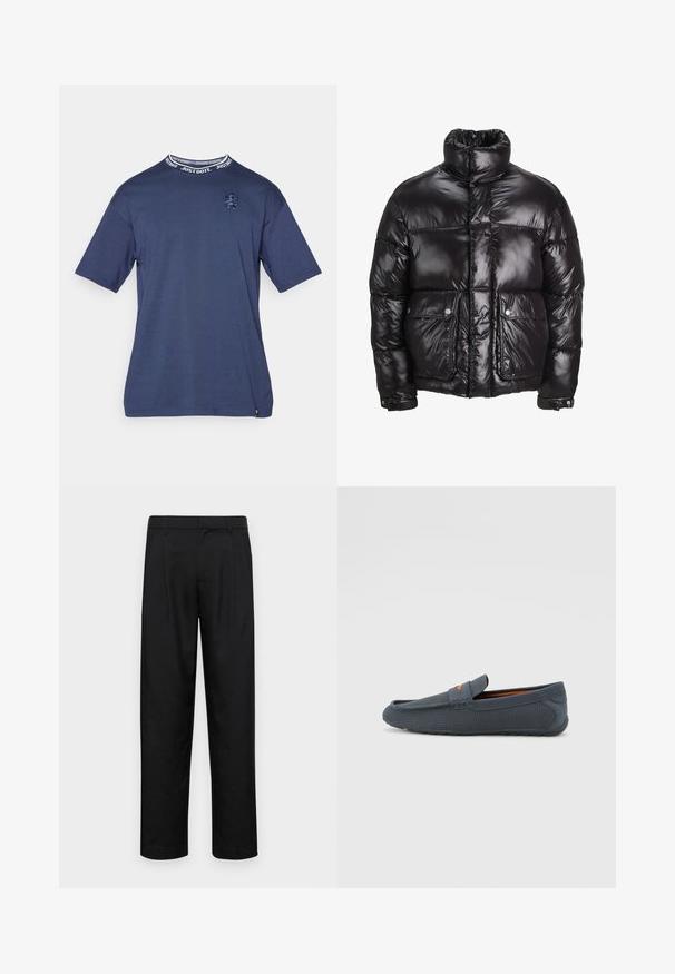 Mustmust särk, mis on valmistatud läikivast materjalist, kõrge kaelusega, kahte esist taskut nupuga sulgemisega ja pehmendatud disainiga.; Tumed sinine puuvillane T-särk lühikeste varrukatega, millel on ümmargune kaelus, teksatootes "Just Do It" ja tikitud logo rinnal.; Mustad mustadest riietest, millel on sirge jalgade disain, kaks eesmist voltimist ja tavaline vöökoht, millel on vöökohad.; Hallitusestatud perforatsioonidega hallad, millel on libisemisega disain, oranž aktsent, ümardatud varvas ja tekstureeritud kummist välispohjaga.