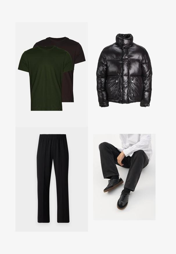 Black puffer jacket made of shiny material, featuring a high collar, two front pockets with snap closures, and a padded design.; Two t-shirts: one olive green and one black, both featuring short sleeves, a round neck, and a smooth cotton texture, with small brand tags.; Black, elastic-waist trousers with a straight-leg design, featuring a smooth texture and no visible patterns or hardware.; Black sneakers with a smooth and textured upper, featuring a rubber sole and dark laces. Paired with black jeans and a white striped shirt.
