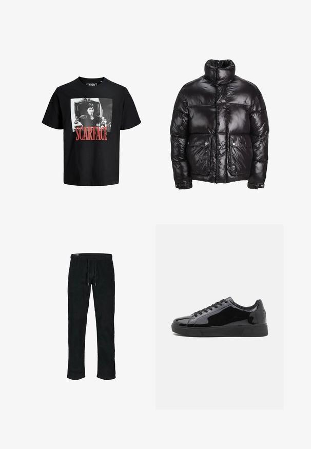 Black puffer jacket made of shiny material, featuring a high collar, two front pockets with snap closures, and a padded design.; Black cotton t-shirt featuring a prominent white graphic of a man in a chair. The word "SCARFACE" is printed in bold red beneath the image.; Black corduroy pants with elastic waistband, adjustable drawstring, tapered legs, and subtle vertical ribbed texture.; Black patent leather sneakers with a round toe, flat rubber sole, and black laces. Smooth, shiny texture on upper surface.