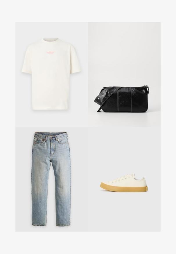 Juodas pūkinis švarkas, pagamintas iš blizgaus medžiagos, su aukštu apykakle, dviem priekiniais kišenėmis su snapeliais ir paminkštinta struktūra.; Kreminis trumpas rankovėmis marškinėliai, pagaminti iš medvilnės, su mažu rožiniu "Hollister" logotipu ant krūtinės, turintys švarų ir paprastą dizainą.; Šviesiai mėlynos džinsinės kelnės su aukštu liemeniu, priekyje mygtukas, užtrauktukas ir penkių kišenių dizainas, išklotos ant neutralios fono.; Oficio drobės sneakeriai baltai kreminės spalvos, su apvaliu galiuku, su smėlio spalvos guminiais padais ir penkiomis skylėmis raištams, turintys tekstūruotą viršutinę dalį.; Juodas odinis pečių krepšys su užtrauktuku, turintis tekstūruotą paviršių, baltą siuvinėjimą ir dirželį su sidabinėmis metalinėmis detalėmis.