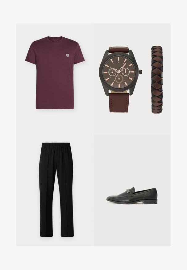 Abrigo acolchado negro hecho de material brillante, con un cuello alto, dos bolsillos frontales con cierres a presión y un diseño acolchado.; Camiseta de algodón burdeos con cuello redondo, mangas cortas y un pequeño logo blanco en forma de escudo en la parte superior izquierda del pecho.; Pantalones negros con cintura elástica y diseño de pierna recta, con una textura suave y sin patrones o herrajes visibles.; Mocasín de cuero negro con un acabado suave, que cuenta con un diseño de costura y un acento decorativo de cadena de metal en el empeine. Tacón plano.; Pier One SET - Reloj - black/brown