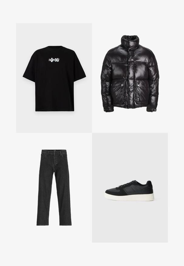 Crna puffer jakna od sjajnog materijala, s visokim ovratnikom, dva prednja džepa sa kopčama na dugmad i podstavljenim dizajnom.; Crna pamučna majica s okruglim izrezom, kratkim rukavima i bijelim ispisanim logotipom "REPLAY" sprijeda. Minimalistički dizajn i širok kroj.; Crne traperice s ravnim krojem, s patentnim zatvaračem, petljama za pojas i šest džepova, izrađene od čvrste mješavine pamuka.; Crni niski tenisice s teksturiranom kožom i antilop panelima, bijelim gumene potplate i crnim vezicama na jednostavnoj svijetloj pozadini.