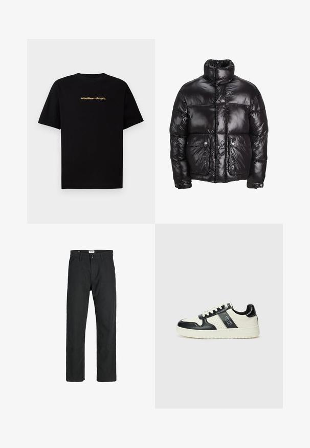 Fekete puffermellény fényes anyagból, magas gallérral, két elülső zsebbel, patentos záródással és párnázott kialakítással.; Fekete pamut póló rövid ujjal, elöl arany színű "atelier dept." logóval. Klasszikus kerek nyakú dizájn, laza fazon.; Fekete nadrág tartós anyagból, egyenes szárú kialakítással, varrott díszítésekkel és két elülső zsebbel a funkciók érdekében.; Fekete és krém színű bőrsneaker, perforált díszítésekkel, párnázott bokapánttal és texturált talppal.