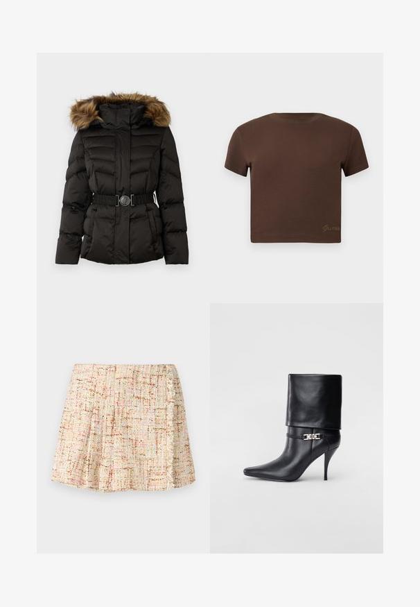 Schwarze gepolsterte Winterjacke mit einem braunen Kunstfellbesatz an der Kapuze und einem dekorativen Gürtel mit einer runden Schnalle in der Taille.; Braunes, kurzes T-Shirt aus weicher Baumwolle mit kurzen Ärmeln und Rundhalsausschnitt. Mit dezentem, goldfarbenem "Guess"-Logo am unteren Rand.; Kurzer, plissierter Rock aus strukturiertem Stoff in neutralen Tönen mit dezenten Farbtupfern. Verfügt über einen Fransenbesatz an der Seite.; Schwarze Leder-Ankle-Boots mit spitzer Zehenpartie, hohen Stiletto-Absätzen, umgeschlagenem Schaft und einem goldenen dekorativen Schnallen-Detail an der Knöchel.