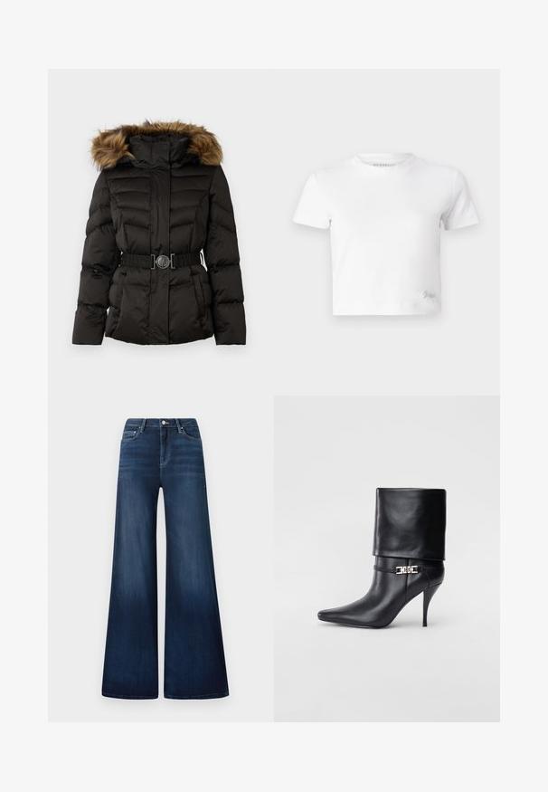 Čierna zateplená zimná bunda s hnedým umelým kožúškom na kapucni a dekoratívnym opaskom s kruhovou prackou v páse.; Biely croptop vyrobený z hladkej bavlny, s vysokým výstrihom a krátkymi rukávmi. Malé vyšívané logo v dolnom rohu.; Tmavomodré široké nohavice z denimu s vysokým pásom, so subtílnym vyblednutím, prednými vreckami a klasickým zapínaním na gombík.; Čierna kožená členková topánka s špicatou špičkou, vysokým ihlovým podpätkom, prehnutým manžetom a zlatým dekoratívnym sponou na členku.