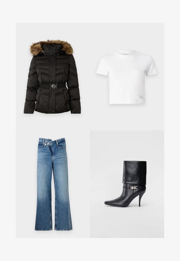 Casaco de inverno acolchoado preto com um acabamento de capuz de pele sintética castanha e um cinto decorativo com uma fivela circular na cintura.; T-shirt cropped branco feito de algodão suave, com um decote alto e mangas curtas. Pequeno logótipo bordado no canto inferior.; Jeans de ganga azul claro, flare, com uma cintura alta, apresentando dois botões e bolsos frontais. O tecido tem uma textura desbotada com variações subtis.; Bota de tornozelo em couro preto com bico fino, alto salto stiletto, punho dobrado e detalhe decorativo em fivela dourada no tornozelo.