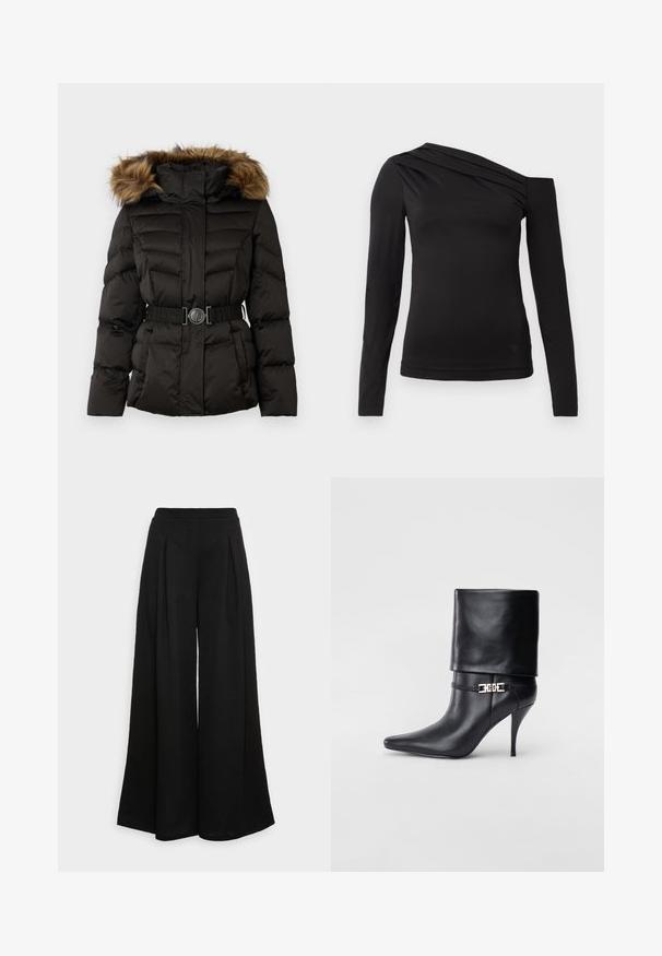 Mustat vuoratut talvitakki, jossa on ruskea tekoturkishaara hupussa ja koristevyö, jossa on pyöreä solki vyötäröllä.; Musta pitkähihaistepaita, jossa on epäsymmetrinen kaula-aukko, yksi olkapää paljaana ja hellästi laskeutuva kangas rinnan alueella.; Laahukselliset mustat housut, jotka on valmistettu pehmeästä kankaasta, etuosassa poimutukset ja korkea vyötärö, mikä takaa hienostuneen siluetin.; Musta nahkasaapas nilkkapituudella, teräväkärkinen, korkea stiletto-korko, käännettävä varsi ja kultainen koristeellinen solki nilkassa.