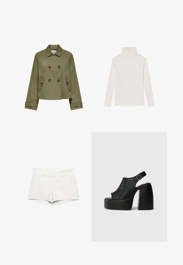 Olivengrøn cropped jakke med dobbeltbrystet front, store knapper og to sidelommer. Har en klassisk krave og brede manchetter.; Lysbeige turtleneck sweater lavet af blødt stof, med lange ærmer og en tætsiddende design samt en glat overflade uden synlige mønstre.; Hvid skjorte med knapper lavet af bomuld, med klassisk krave, lange ærmer og et lille broderet logo på brystet. Struktureret stof.; Lys grå strækshorts med en bred talje, glat tekstur og et enkelt design. Afskårne kanter uden synlige mønstre eller accenter.; Sorte åbne platform sandaler med en buet design, slingback-rem og kraftig blokhæl. Glat lædertekstur, minimalistisk stil.