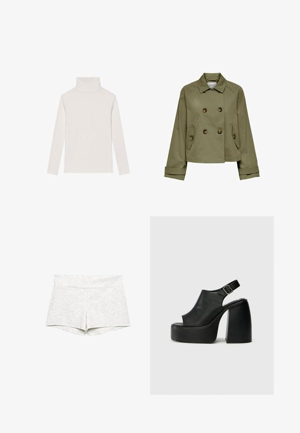 Olivengrön kort jacka med dubbelknäppt front, stora knappar och två sidofickor. Har en klassisk krage och breda manschetter.; Vaalea beige poolopaita, joka on valmistettu pehmeästä kankaasta. Se on pitkähihaisia ja istuva, jossa on sileä pinta ilman näkyviä kuvioita.; Valkoinen puuvillapaita, jossa on klassinen kaulus, pitkät hihat ja pieni brodeerattu logo rinnassa. Rakenteellinen kangas.; Vaaleanharmaat joustavat shortsit, joissa on leveä vyötärönauha, sileä pinta ja yksinkertainen muotoilu. Reunat on viimeistelty ilman näkyviä kuvioita tai yksityiskohtia.; Mustat avotossut, joissa on korkea pohja ja kaareva muotoilu, takana säädettävä hihna ja paksu lohkopolka. Silkkinen nahkapinta, minimalistinen tyyli.