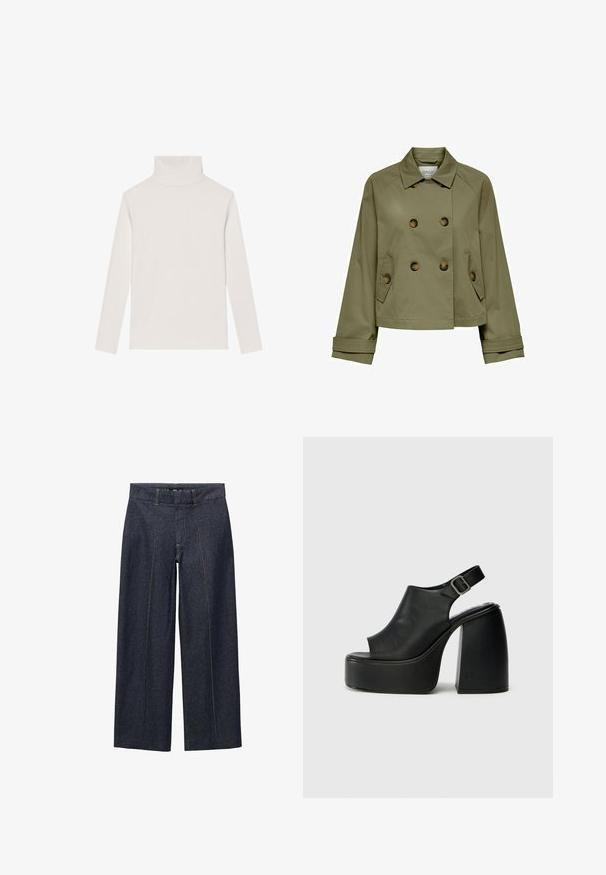 Olivgröna korta jacka med dubbelknäppt front, stora knappar och två sidofickor. Har en klassisk krage och vida ärmar.; Ljus beige polotröja i mjukt tyg, med långa ärmar och en figurnära design med en jämn textur och utan synliga mönster.; Vit skjorta med knappar i bomull, med klassisk krage, långa ärmar och en liten broderad logotyp på bröstet. Texturerat tyg.; Mörkblå denimbyxor med vida ben, framfickor och en standardmidja. Har orangea sömmar och en kortad längd.; Svarta plattformsandaler med öppen tå, böjd design, slingbackrem och blockklack. Slät läderstruktur, minimalistisk stil.