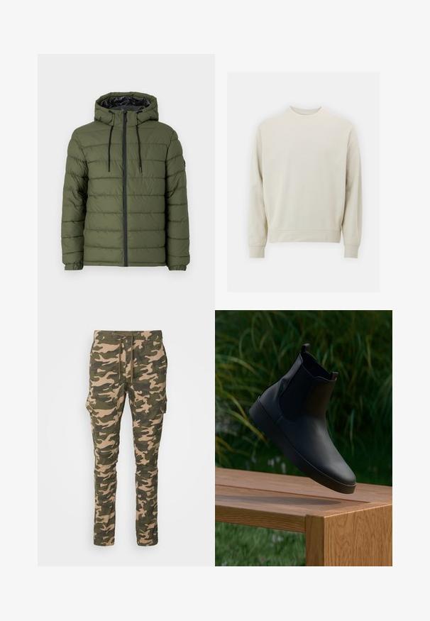Giubbotto imbottito verde oliva con cappuccio, dotato di chiusura con zip, design trapuntato e accenti neri sulla zip e sui lacci.; Felpa beige chiaro realizzata in morbido tessuto con collo rotondo, maniche lunghe e polsini e orlo a costine. Design minimalista, senza motivi visibili.; Pantaloni cargo mimetici in verde e beige, realizzati in tessuto dalla texture liscia. Presentano tasche laterali e una vita elasticizzata con cordino.; Stivale alla caviglia in pelle nera con pannelli elastici laterali, texture liscia, punta arrotondata e suola piatta, posizionato sopra un tavolo di legno contro un fondo di verde.