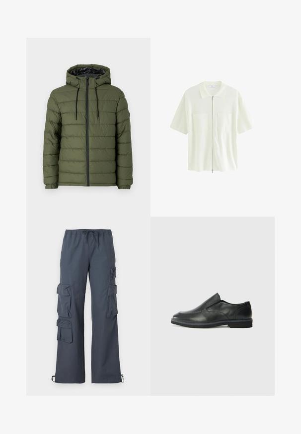 Olivgrüne Pufferjacke mit Kapuze, ausgestattet mit einem Reißverschluss vorne, gestepptem Design und schwarzen Akzenten an dem Reißverschluss und den Zugbändern.; Kurzärmliges, weißes Kapuzenshirt aus strukturiertem Stoff mit Kragen und zwei Vordertaschen mit quadratischen Klappen.; Dunkelgraue Cargo-Hosen mit einem elastischen Bund, mehreren großen Taschen an den Seiten und verstellbaren Bündchen an den Knöcheln.; Schwarze Leder-Slipper mit glattem Obermaterial, gesteppten Akzenten, runder Zehenpartie und niedrigem Gummiabsatz. Die Sohle hat ein minimales Profil.