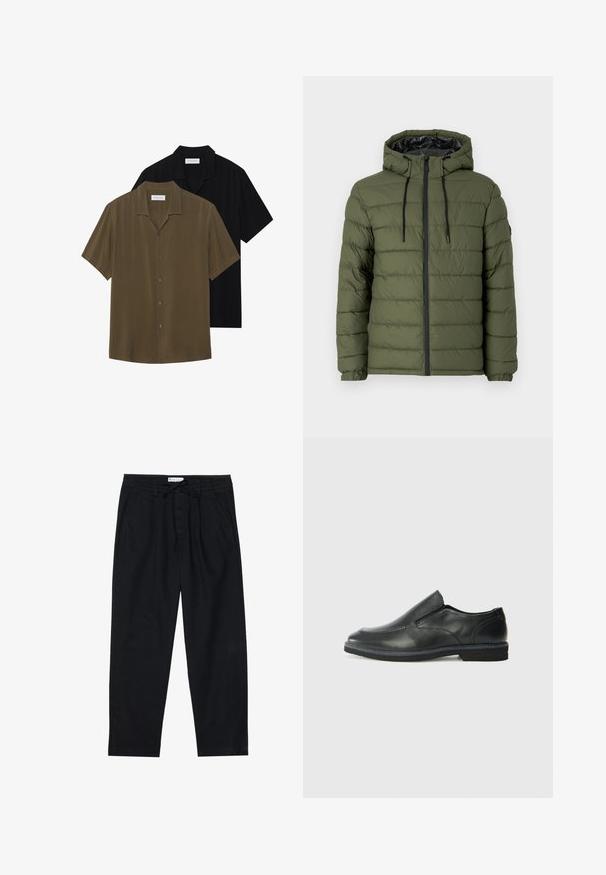 Olive green puffer jacket with a hood, featuring a zip front, quilted design, and black accents on the zipper and drawstrings.; Short-sleeve button-up shirts in olive green and black, featuring a smooth fabric, straight hem, and pointed collar with subtle sheen.; Pier One Chinos - black; Black leather slip-on shoe with a smooth upper, stitched accents, rounded toe, and a low rubber heel. Sole features minimal tread.