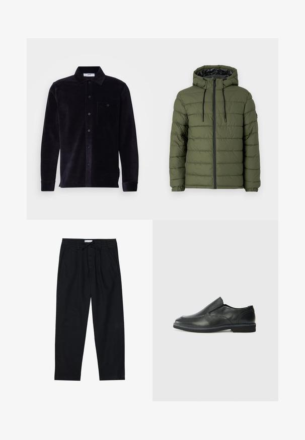 Olivově zelená prošívaná bunda s kapucí, s předním zipem, prošívaným vzorem a černými akcenty na zipu a stahovacích šňůrkách.; Černá kordurová košile s límcem, dlouhými rukávy, zapínáním na knoflíky, náprsní kapsou a texturovanou tkaninou. Obsahuje malou nášivku na lemu.; Pier One Chino kalhoty - black; Černá kožená nazouvací bota s hladkým svrškem, prošívanými detaily, zaoblenou špičkou a nízkým gumovým podpatkem. Podešev má minimální vzorek.