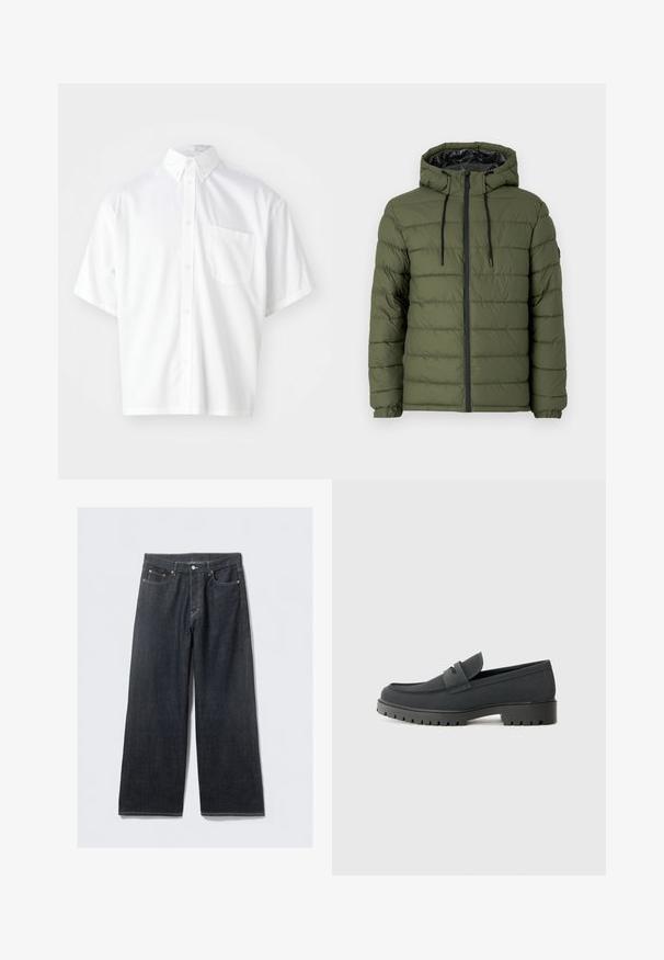 Olijfgroen pufferjack met een capuchon, met een ritssluiting aan de voorkant, een geplaatste ontwerp en zwarte accenten op de rits en de trekkoorden.; Korte mouwen witte blouse van gladde stof, met een button-down kraag en een enkele borstzak aan de linkerkant.; Donkerdenim wijd uitlopende jeans met een hoge taille, voorzien van koperkleurige klinknagels en contraststiksels, een gladde textuur en geen zichtbare patronen.; Zwarte instaploferschoen met een gladde, matte afwerking, voorzien van een ronde neus en een dikke, getextureerde zool. Geaccentueerd met een voorband.