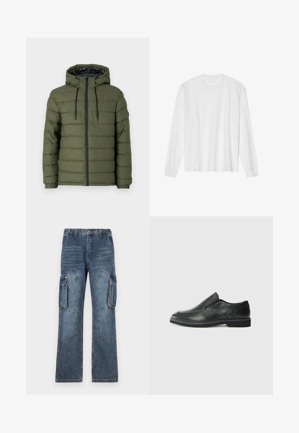 Olivnozelena puhovka s kapuco, z zadrgo spredaj, prešito zasnovo in črnimi detajli na zadrgi ter vrvicah.; Bela bombažna majica z dolgimi rokavi in posadnim izrezom ter rebrastimi manšetami. Preprost, neokrašen dizajn, ki se ponaša z gladko teksturo in standardnim krojem.; Modri denim cargo hlače z udobnim krojem, ki imajo dva stranska žepa, šivano detajliranje in nekoliko zbledel videz.; Črne usnjene natikače z gladkim zgornjim delom, prišitimi detajli, zaobljenim nosom in nizkim gumijastim petkom. Podplat ima minimalen profil.