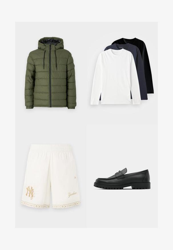 Olivgrön foderjacka med huva, med dragkedja fram, kviltad design och svarta detaljer på dragkedjan och snörningen.; Tre långärmade T-shirts staplade: en vit, en mörknavy och en svart. Tillverkade av mjuk bomull, med rund halsringning och sidofickor.; Vita shorts med elastisk midja, med guld broderad Yankees-logotyp och blommönster, accentuerade med en dekorativ kant.; Svarta lädersneakers med rund tå, med en sydd design, låg plattformssula och en texturerad, mönstrad gummisula.