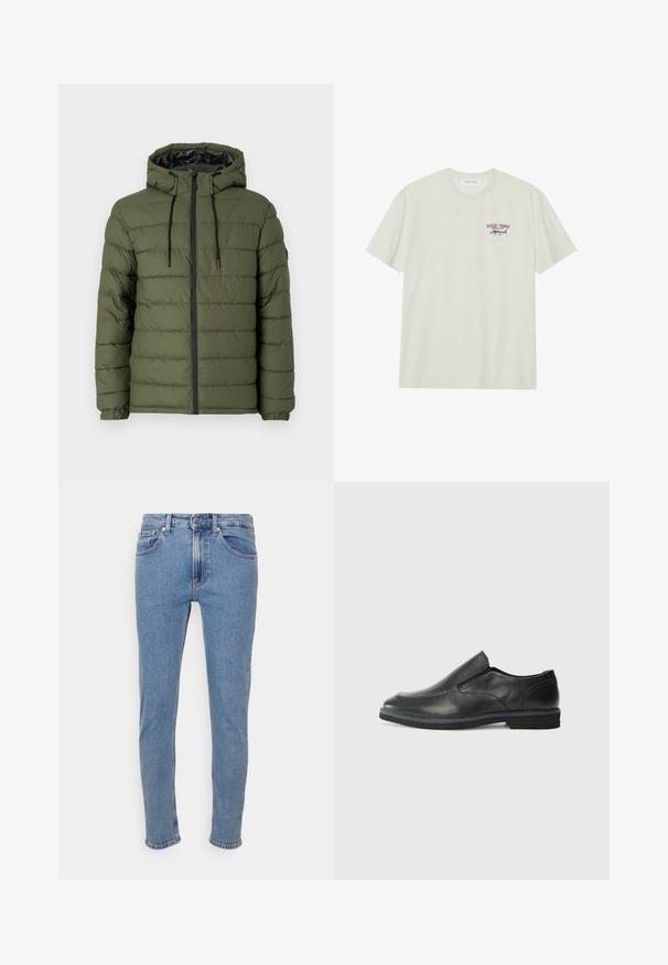 Olive green puffer jacket with a hood, featuring a zip front, quilted design, and black accents on the zipper and drawstrings.; Light cream cotton t-shirt with short sleeves. Features a small blue and red graphic of a marlin and "MARLIN TROPHY" text.; Light blue slim-fit jeans with front button and zipper, front and back pockets, displayed on white background.; Black leather slip-on shoe with a smooth upper, stitched accents, rounded toe, and a low rubber heel. Sole features minimal tread.