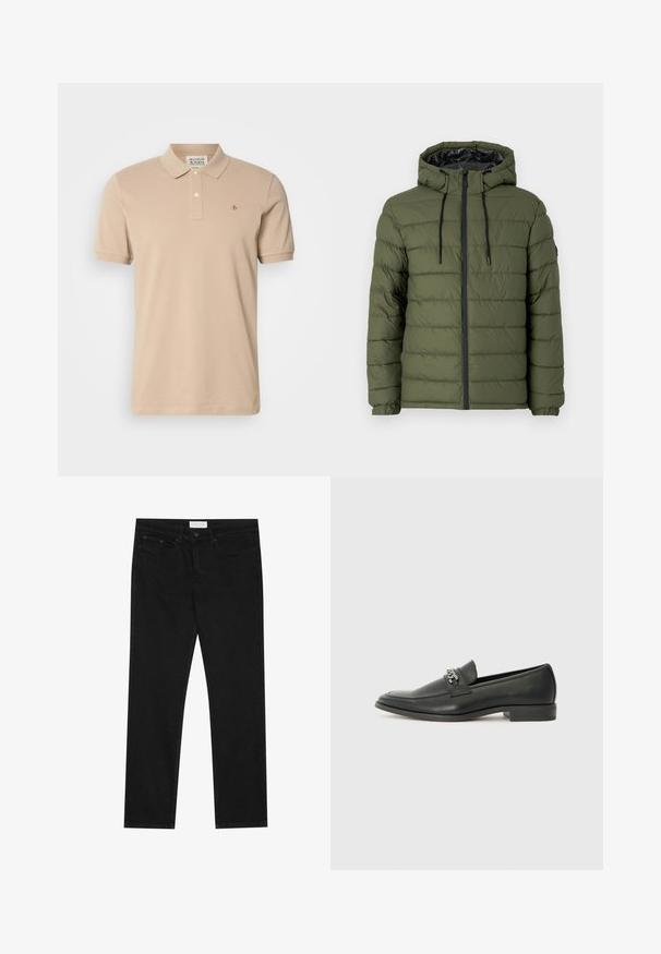 Chaqueta acolchada verde oliva con capucha, con cierre frontal de cremallera, diseño acolchado y detalles negros en la cremallera y los cordones.; Camisa polo beige hecha de algodón, con cuello clásico, mangas cortas y un pequeño logo bordado en el pecho. Con tapeta de dos botones.; Jeans negros de pierna recta con diseño de cinco bolsillos, cierre de botón y cremallera, y etiqueta de la marca Pier One en la cinturilla.; Mocasín de cuero negro con un acabado suave, que cuenta con un diseño de costura y un acento decorativo de cadena de metal en el empeine. Tacón plano.