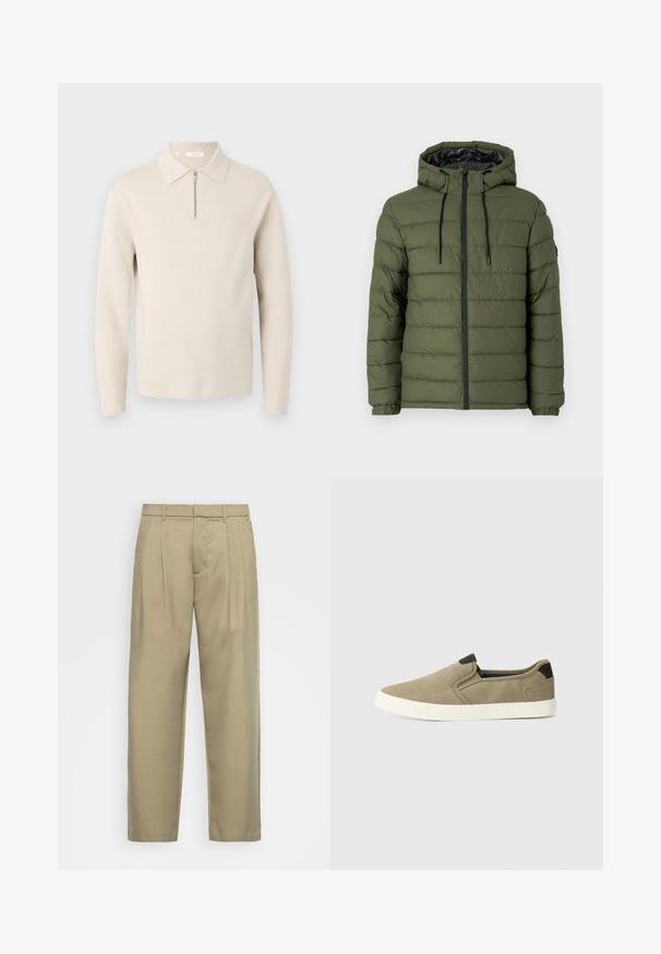 Olivengrønn pufferjakke med hette, med glidelås foran, quiltet design og svarte detaljer på glidelåsen og snorene.; Lys beige langermet genser med krage og halv glidelås. Jevn tekstur, minimalistisk design uten mønstre eller aksonter.; Beige, høytlivs bukser med rett snitt, med flat front, sidelommer og et jevnt, strukturert stoff.; Taupe slip-on sko med teksturert stoffoverflate, kontrasterende svart hæl og hvit gummisåle. Perforert design for ventilasjon.