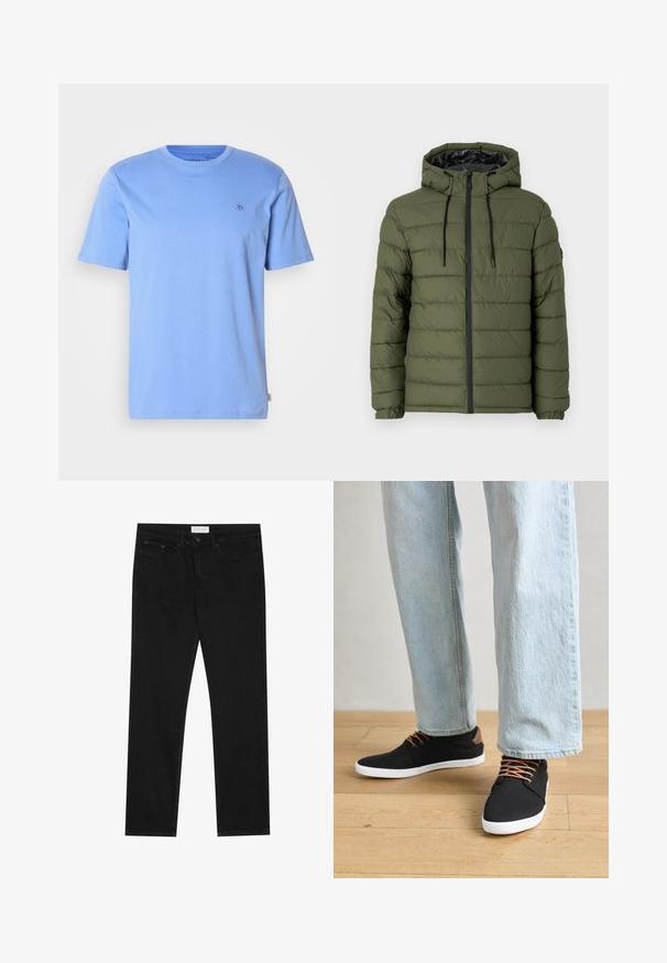 Oliivinvihreä puhallettava takki hupulla, jossa on vetoketjukiinnitys, tikattu malli ja mustat yksityiskohdat vetoketjussa ja kiristysnaruissa.; Vaaleansininen puuvillapaita, jossa on pyöreä kaula-aukko ja lyhyet hihat. Paidassa on pieni brodeerattu logo rinnassa ja sivulappu.; Mustat suorat farkut, joissa on viisi taskua, napilla ja vetoketjulla varustettu sulkeminen, sekä Pier One -brändilogo vyötärölle.; Mustat canvas-kengät ruskeilla yksityiskohdilla, valkoisilla kumipohjilla ja ruskeilla nauhoilla, yhdistettynä vaaleansiniin suoriin farkkuihin. Taustalla puulattia.