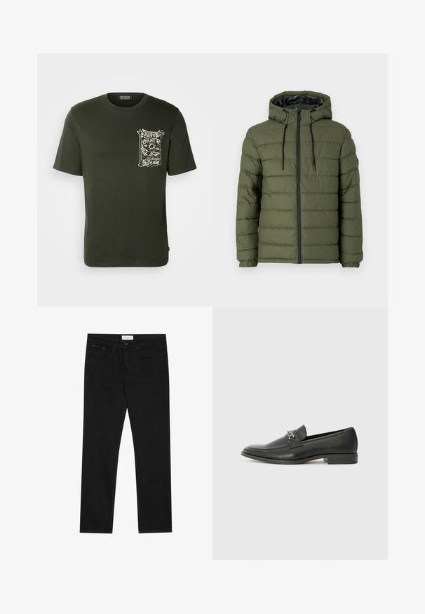 Olive green puffer jacket with a hood, featuring a zip front, quilted design, and black accents on the zipper and drawstrings.; Dark green cotton t-shirt with a round neck, short sleeves, and a white graphic design on the left chest featuring abstract elements.; Black straight-leg jeans with five-pocket design, button and zip fly closure, and a Pier One brand label on the waistband.; Black leather loafer with a smooth finish, featuring a stitched design and a decorative metal chain accent across the vamp. Flat heel.