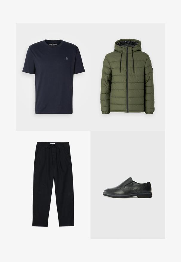 Olivengrønn pufferjakke med hette, med glidelås foran, quiltet design og svarte detaljer på glidelåsen og snorene.; Marineblå bomulls t-skjorte med korte ermer, rund halslinning, og liten brodert logo på brystet. Jevn tekstur, uformelt design.; Pier One Chinos - black; Sorte skinn slip-on sko med en jevn overflate, stikking detaljer, rund tå og en lav gummihæl. Sålen har minimal mønstring.