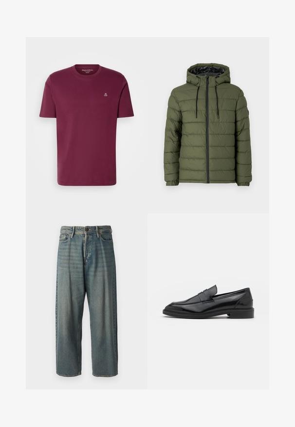 Olíva zöld puffertjacket kapucnival, elöl cipzárral, steppelt dizájnnal és fekete kiegészítőkkel a cipzáron és a húzózsinórokon.; Burgundi színű pamut póló kerek nyakkal, rövid ujjakkal és egy kis fehér "M OP" logóval a mellkasán. Sima textúra és normál szabás.; Világoskék farmernadrág, laza fazonnal, közepes derékbőséggel és egyenes szárral. Öt zsebet, övbucskát és gombos záródást tartalmaz.; Fekete bőrcipók sima felülettel, kerek orral és keskeny sávval a felsőrészen. Alacsony, rétegelt sarkú.