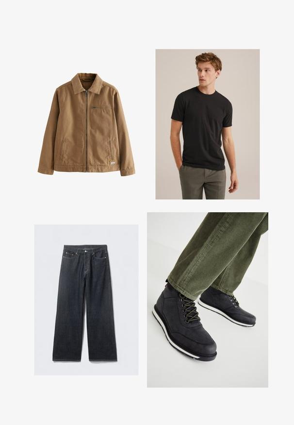 Veste zippée marron en tissu mélangé coton. Elle possède un col, deux poches latérales et une poche poitrine.; Jeune homme aux cheveux châtains clair et bouclés, portant un t-shirt noir à manches courtes et un pantalon gris, regardant vers sa gauche les mains dans les poches.; Jean large en denim foncé à taille haute, avec des rivets en ton cuivré et des coutures contrastées, texture lisse et sans motifs visibles.; Bottes noires à lacets en matériau texturé, présentant des lacets verts et une semelle en caoutchouc blanche. Portées avec un pantalon en velours côtelé vert olive.