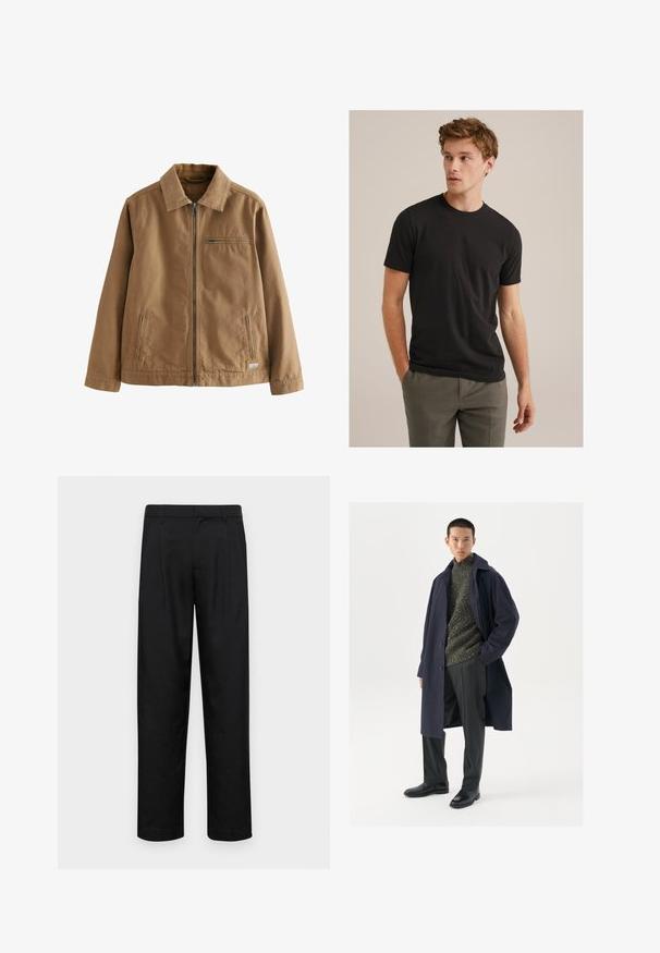 Rudas užtrauktukas džemperis, pagamintas iš medvilnės mišinio. Turi apykaklę, dvi šonines kišenes ir vieną krūtinės kišenę.; Jaunas vyras su šviesiai ruda garbanota šukuosena, vilkintis juodą marškinėlį trumpomis rankovėmis ir pilkas kelnes, žiūri į kairę, laikydamas rankas kišenėse.; Juodi kelnių modeliai, pagaminti iš lygios medžiagos, turi tiesią kojas, du priekiniai klostės ir standartinę juosmenį su diržo kilpomis.; Jūrinis paltas su mygtukų uždarymu, žalias tekstūruotas džemperis, juodos kelnės ir juodi odiniai batai. Lygi medžiaga su struktūruota siluetu.