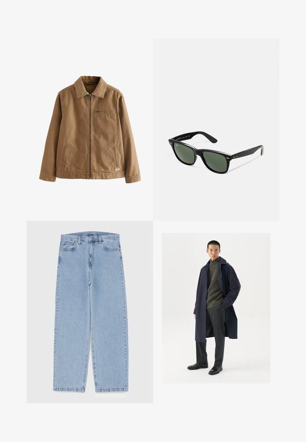 Barna cipzáras dzseki, pamut keverék anyagból készült. Kerek nyakkivágással, két oldalsó zsebbel és egy mellzsebbel rendelkezik.; Fiatal férfi göndör világosbarna hajjal, fekete rövid ujjú pólót és szürke nadrágot viselve, balra néz, kezét a zsebében tartva.; Világoskék farmernadrág egyenes szárú kivitelben, közepes derékkal, öt zsebbel, gombos és cipzáros záródással.; Tengerész kabát gombos záródással, zöld textúrájú pulóver, fekete nadrág és fekete bőr csizma. Simább anyag, formázott sziluettel.; Fekete műanyag napszemüveg zöld lencsékkel, négyzet alakú kerettel, ezüst díszítéssel a keret felső részén, valamint texturált szárakkal. A márka neve a belső száron található.