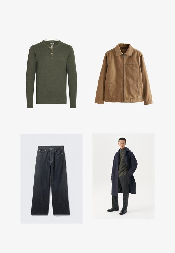 Rudas užtrauktukas džemperis, pagamintas iš medvilnės mišinio. Turi apykaklę, dvi šonines kišenes ir vieną krūtinės kišenę.; Solid SDVOLKO - Ilgarankovis viršutinės dalies drabužis - olive; Tamsiai mėlyni plačių kojų džinsai su aukštu liemeniu, su vario spalvos varžteliais ir kontrastingais siūlais, lygaus paviršiaus ir be matomų raštų.; Jūrinis paltas su mygtukų uždarymu, žalias tekstūruotas džemperis, juodos kelnės ir juodi odiniai batai. Lygi medžiaga su struktūruota siluetu.