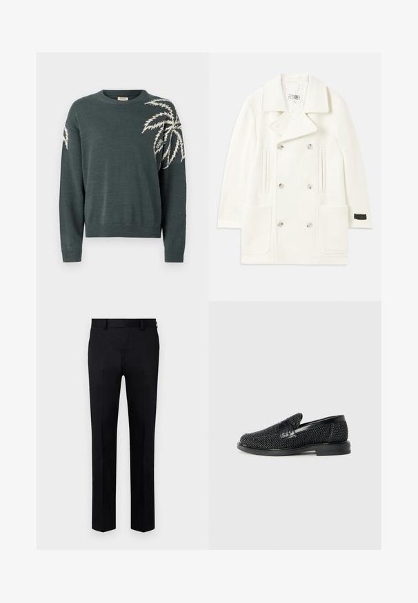 Balts divrindas mētelis ar lieliem klājējiem, divām priekšējām kabatām un sudraba toņa pogām, ar gludu tekstūru un pielāgotu dizainu.; Tumši zaļš džemperis ar apaļu kakla izgriezumu, kreisajā piedurknē ir balta palmu lapas dizaina apdare. Ribotas piedurknes un apakšmala. Mīksta tekstūra.; Melni bikses, izgatavotas no gludas auduma, ar taisnu kāju dizainu, priekšējo kroku un jostas cilpām jostasvietā. Nav redzamu rakstu vai akcentu.; Melnas austas slaidu kurpes ar gludu ādas akcentu augšpusē, apaļas formas purngalu un zemas profila gumijas zoli.