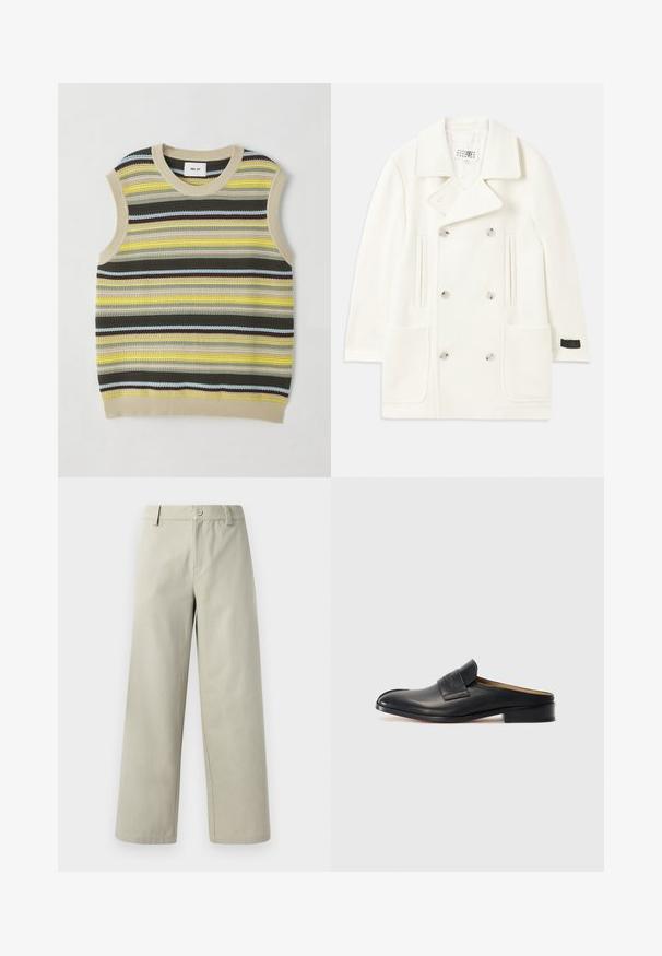 Weißer doppelt knöpfbarer Mantel mit großen Revers, zwei Fronttaschen und silberfarbenen Knöpfen, der eine glatte Textur und eine maßgeschneiderte Passform aufweist.; Ärmelloses Stricktop mit horizontalen Streifen in Gelb, Grün, Braun und Blau. Runder Halsausschnitt mit geripptem beigem Saum. Strukturiertes Gewebe.; Han Kjøbenhavn WIDE LEG - Stoffhose - light grey; Schwarzer Leder-Schlüpfschuh mit runder Spitze, niedrigem Blockabsatz und einem vorderen Riemen. Glatte Textur mit dezentem Logo-Detail am Riemen.